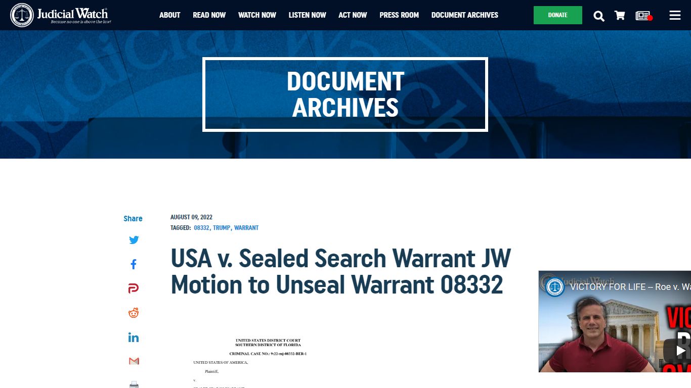 Judicial Watch Motion to Unseal Search Warrant 08332